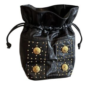 Samir black genuine leather gold studded cinch top crossbody bag